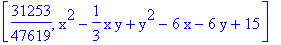[31253/47619, x^2-1/3*x*y+y^2-6*x-6*y+15]